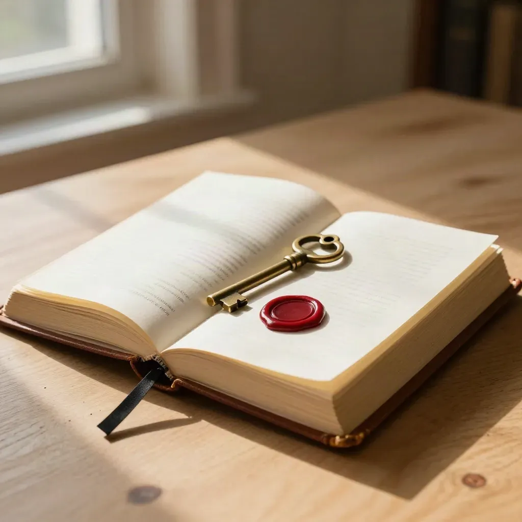 Open genealogy ledger, brass key, wax seal, and ribbon on a pale oak table in warm window light.