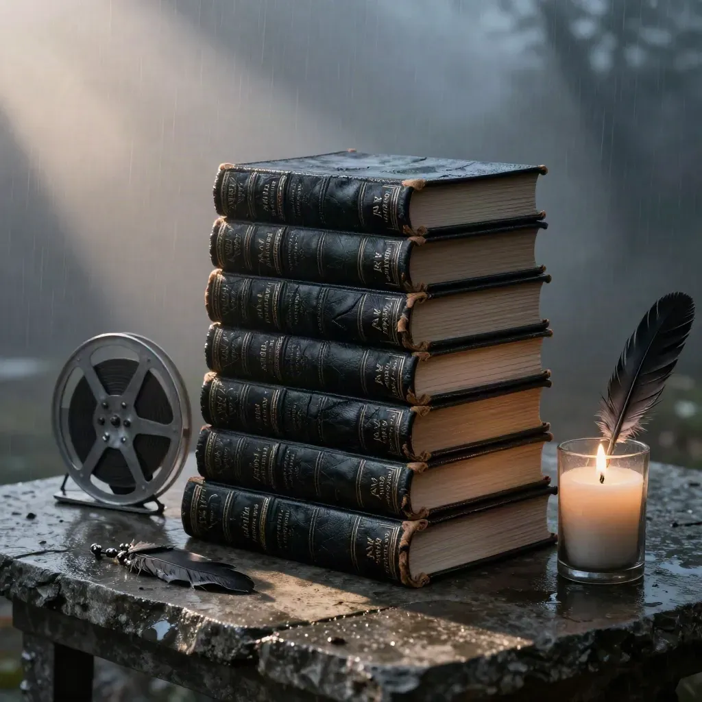 Black leather vampire folios, film reel, candle, and raven feather on wet stone in blue-hour fog.