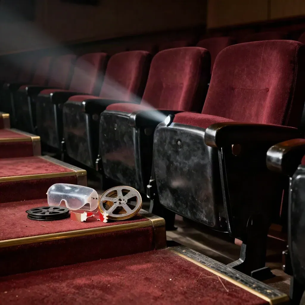Empty art-house theater step with a film reel tin, eyeglass case, and popcorn carton in fading projector light.