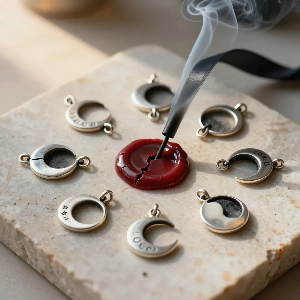 Moon charms, silver amulet, cracked red wax seal, and smoking black candle on pale stone.