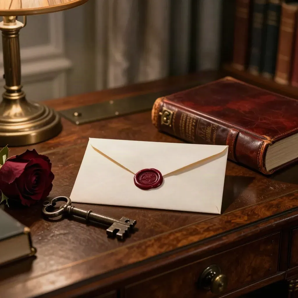 Victorian desk with sealed envelope, iron key, dark rose, and closed leather book in lamplight