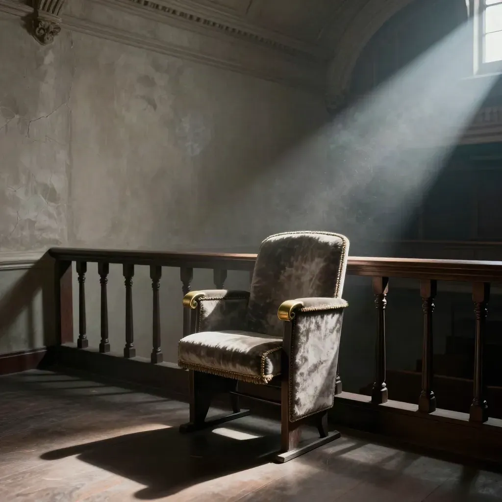 Empty silent cinema balcony with a lone velvet seat and projector beam cutting dust-filled darkness.