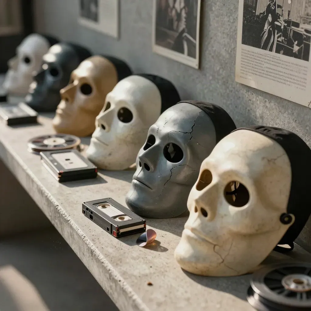 Retro horror masks, VHS shells and film spools on a concrete bench as a tape slips free