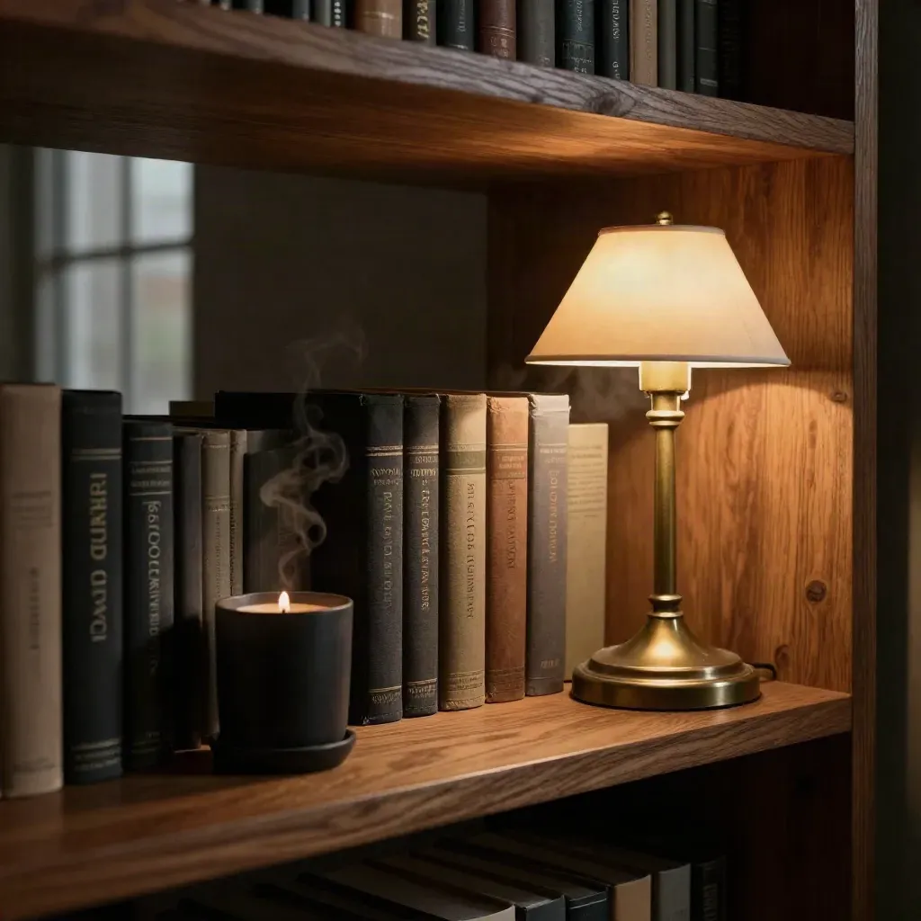 Cozy late-night bookshelf with dark books, a matte candle, and a low reading lamp glowing in warm shadow.